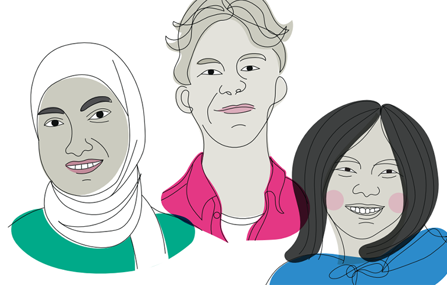 Illustration på tre unga människor med olika utseenden.