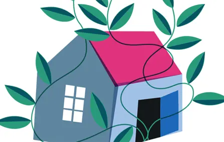 Illustration av ett hus med växter som växer ut ur fönstren.